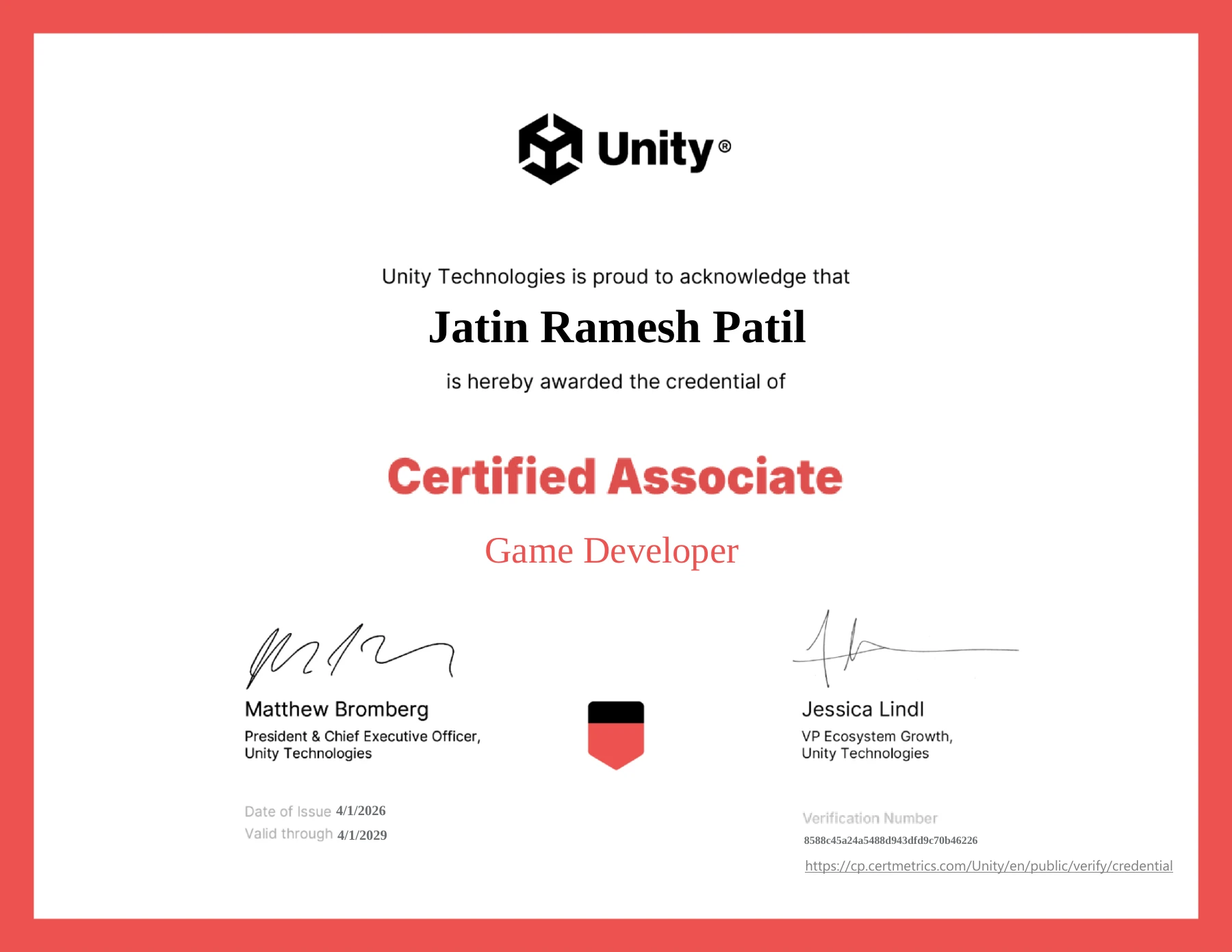 Game Developer certificate preview