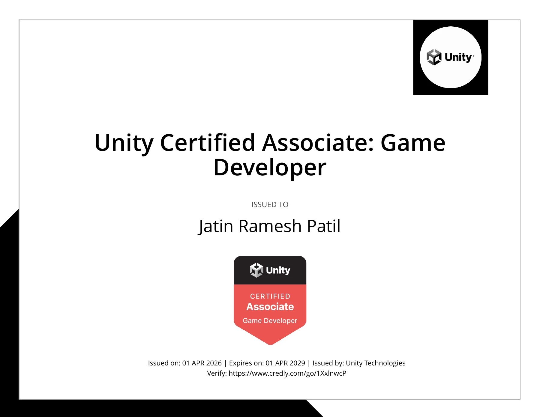 Unity Certified Associate credential preview